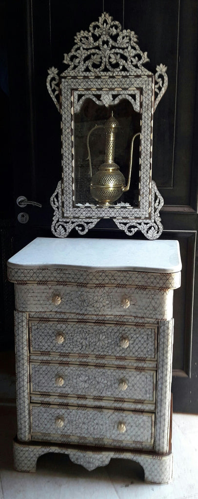 Marble top mother of pearl inlay nightstand