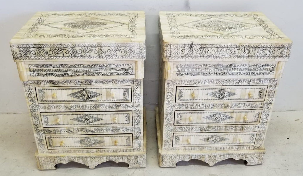 Two Vintage white bone inlay nightstand cabinet