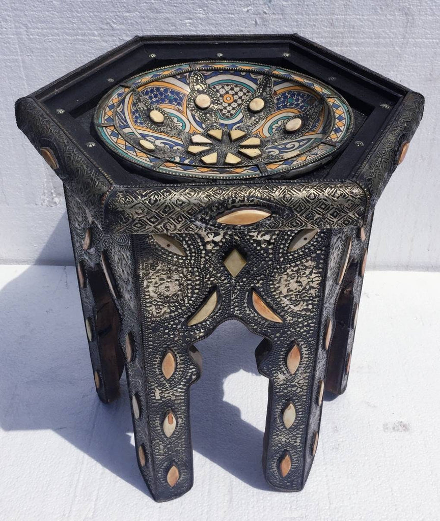 touareg tribal pottery table camel bone metal table
