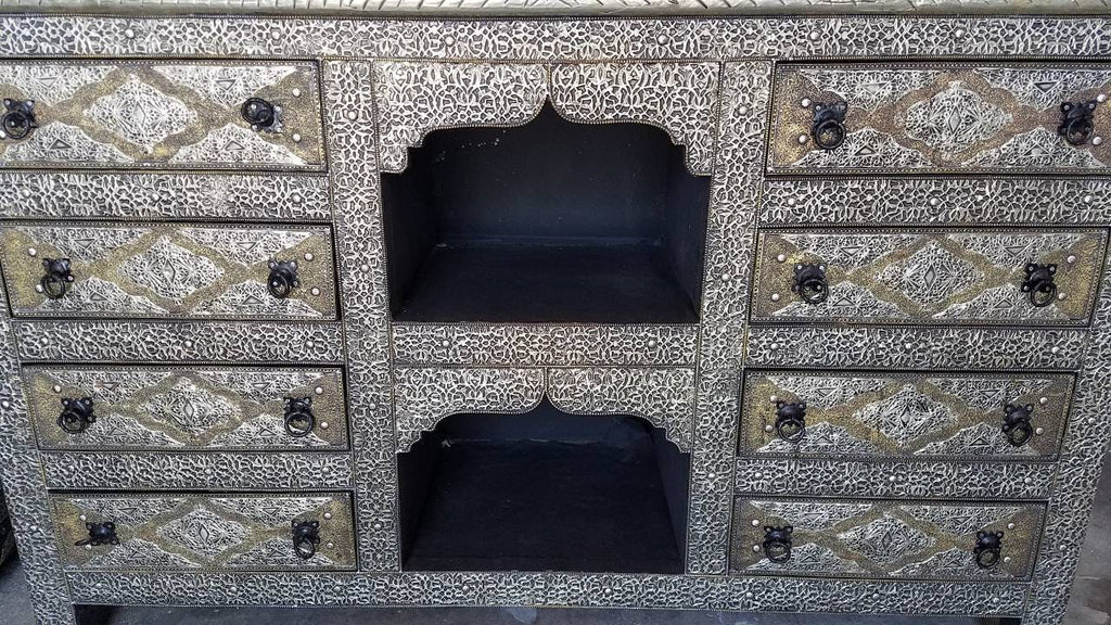 Handmade vintage 8 silver metal drawers cabinet