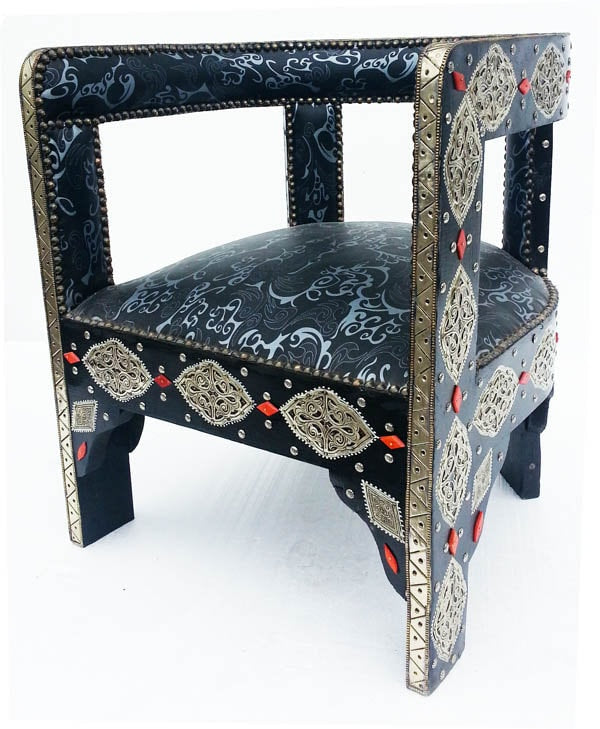 Two vintage silver metal & faux leather chairs