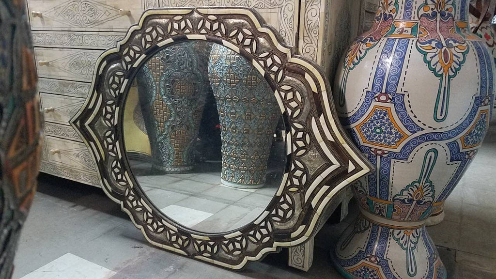 Unique vintage white camel bone inlay mirror