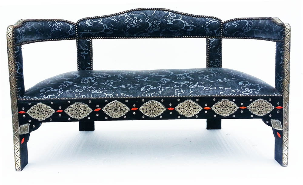 Unique silver metal upholstered  bench