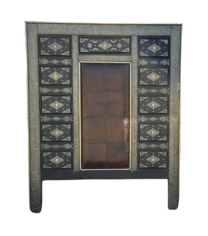 Eclectic moroccan bed leather with silver metal artwork and bone handmade bedding bedroom furniture middle eastern home decor
