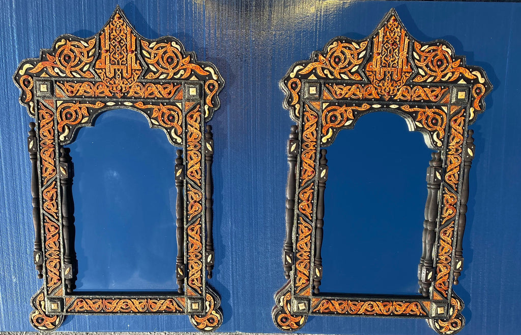 Two unique arabic Allah bone calligraphy handmade bone inlay bathroom sink mirrors moroccan vintage mirror for bedroom or living room