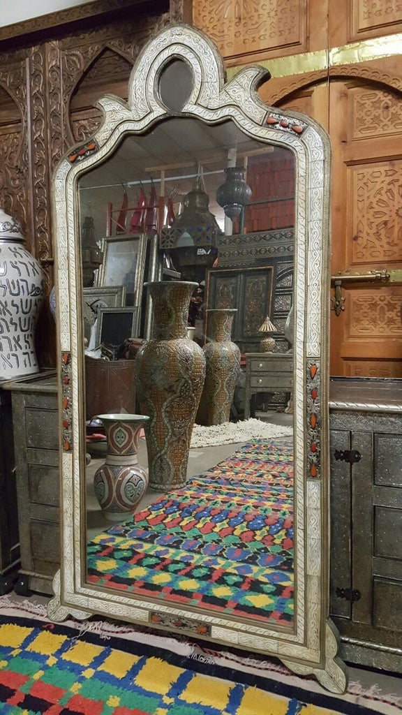 A unique 75.5 by 40" conversation piece moroccan Vintage mirror handmade inlay white bone silver metal mirror living room bedroom mirror