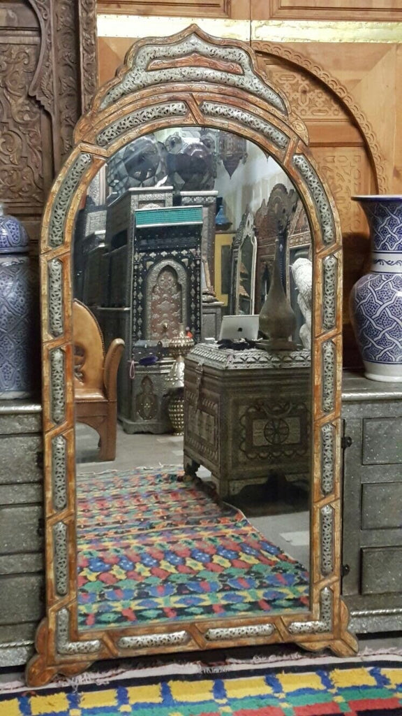 A unique conversation piece moroccan unique Vintage handmade inlay orange inlay bone silver metal mirror for living room bedroom wall mirror