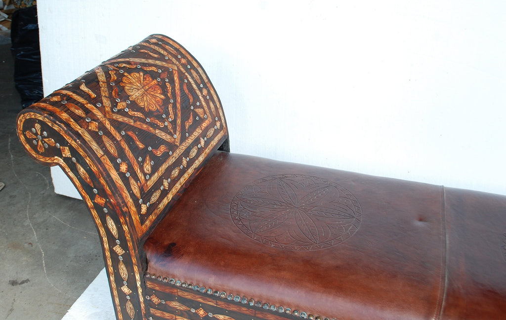 Vintage unique moroccan inlay orange bone and upholstered leather bench, furniture sofa for bedroom, living room one of a kind sofa