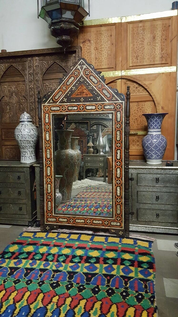 Eclectic Giant Sultan inlay mirror unique conversation piece moroccan Vintage handmade orange bone mirror bedroom for living room