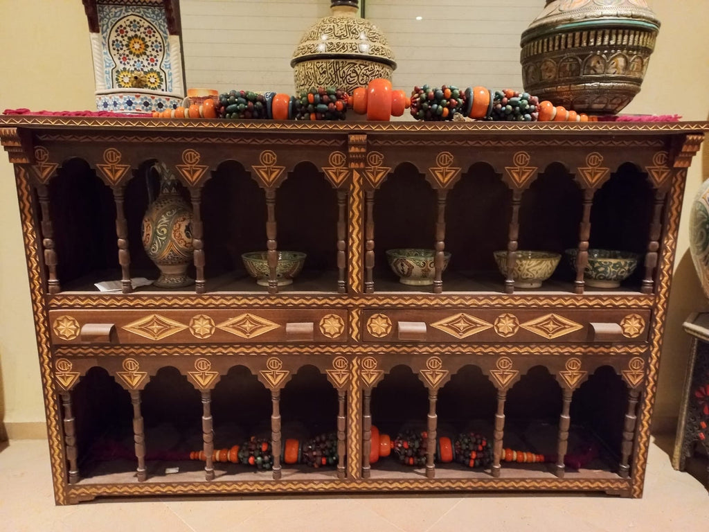 Marrakesh African wooden cabinet hand carved shelf moorish arches moroccan kitchen furniture middle eastern Arabian bedroom decor