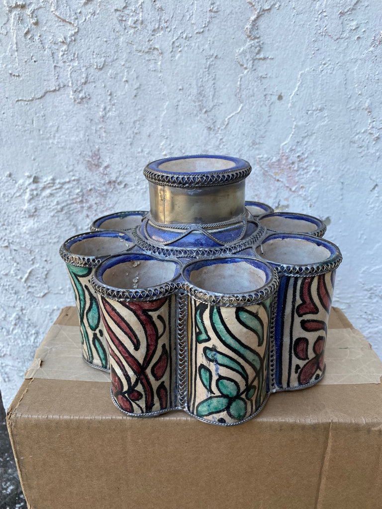 Vintage Moroccan pottery ink pot hand painted and embellished with silver metal