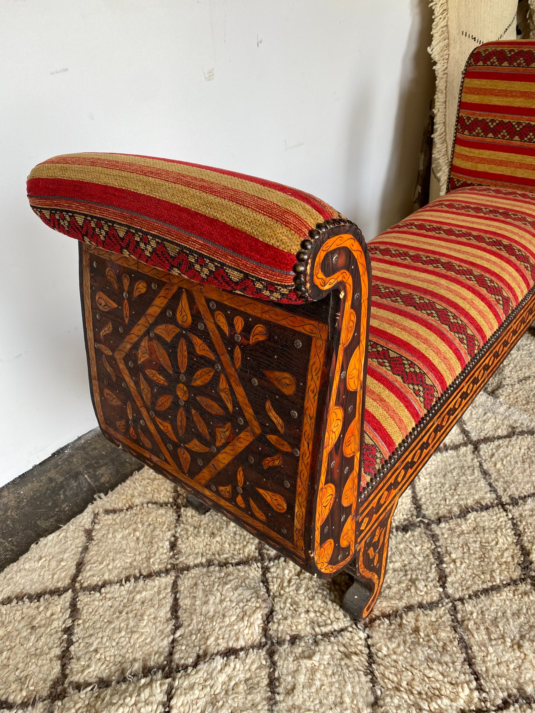 Exquisite Vintage moroccan inlay orange bone and upholstered fabric be ...