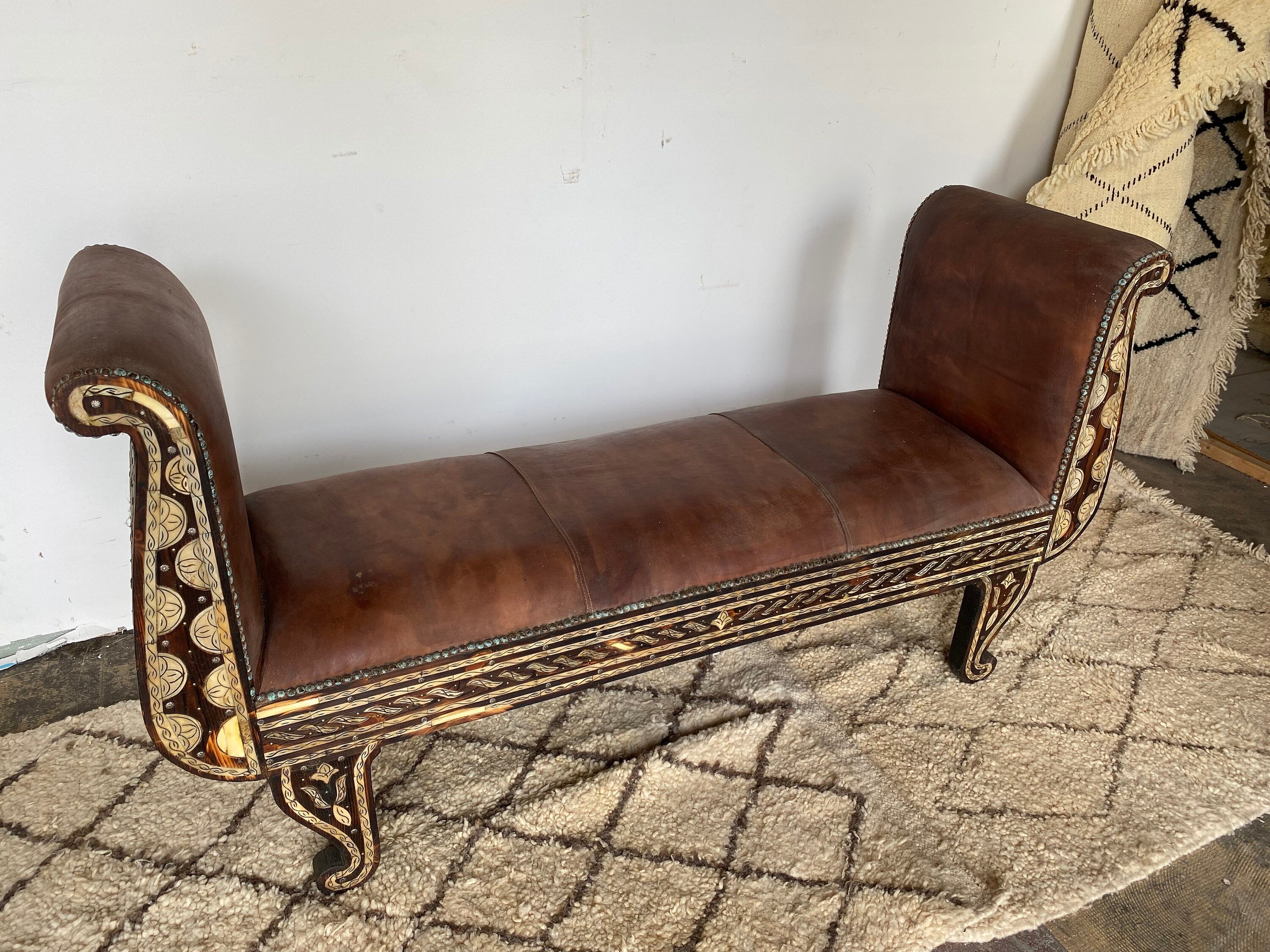 Rare Vintage moroccan inlay white bone and upholstered leather 
