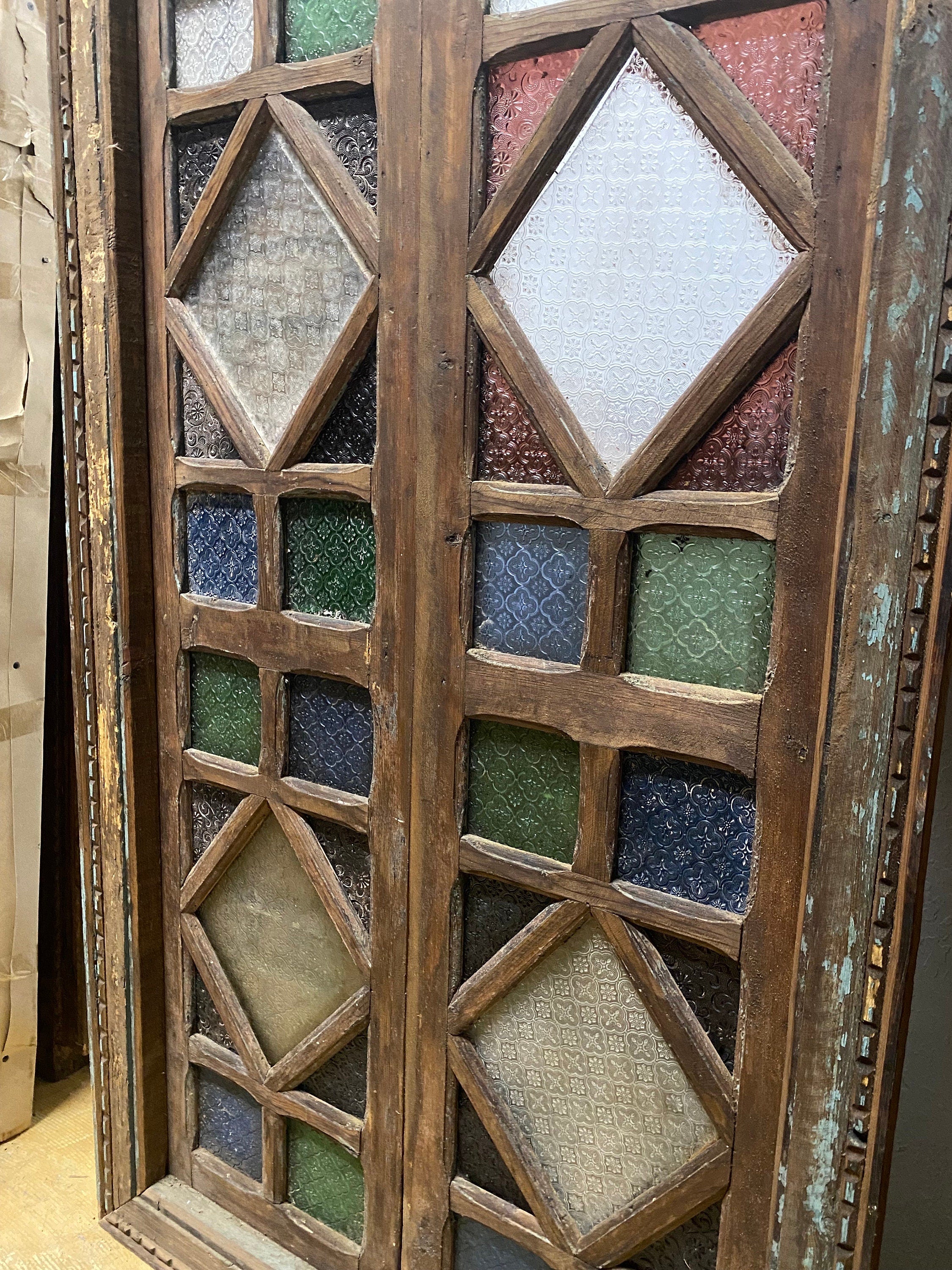 Two antique stained glass riad large window, moorish architecture wood ...