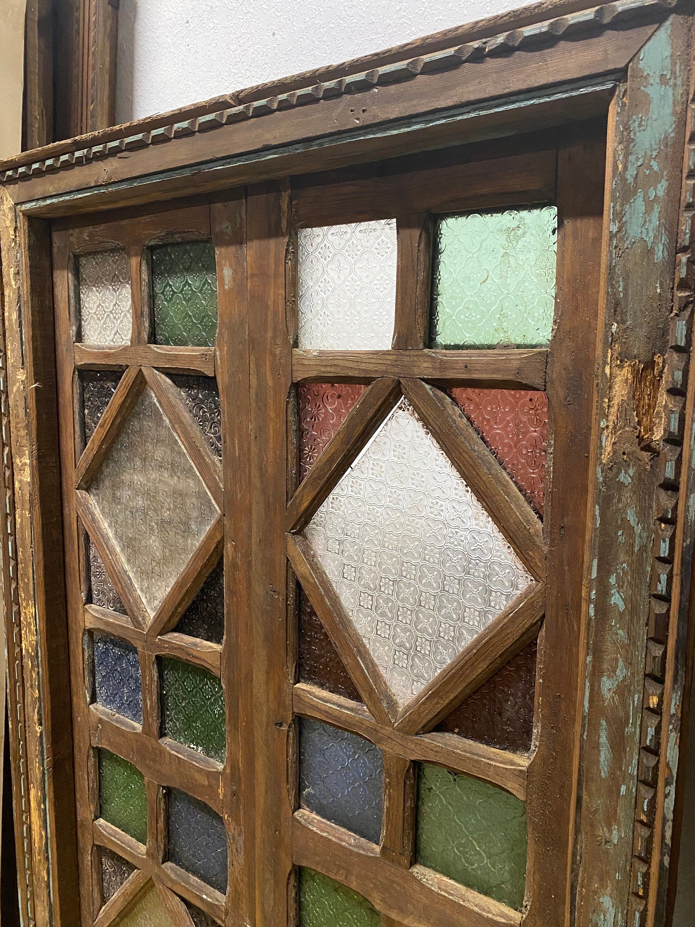 Two antique stained glass riad large window, moorish architecture wood ...