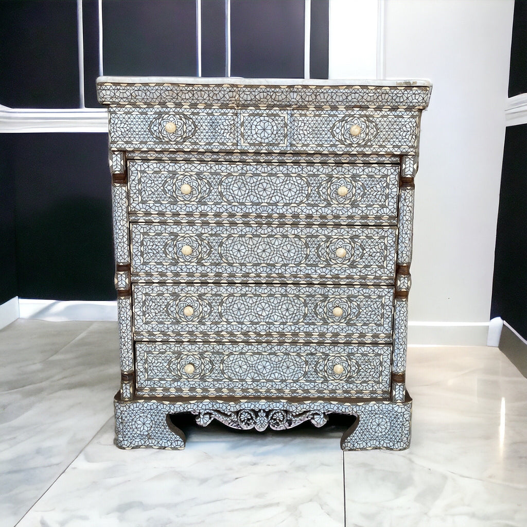 Eclectic Unique Large Vintage White mother of pearl dresser cabinet for bedroom, living room inlaid five shell bone chest of drawers