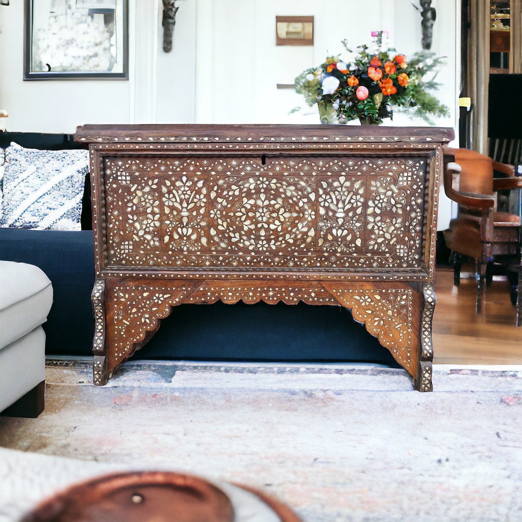 Vintage white mother of pearl chest cabinet bedroom inlaid moroccan furniture chest wedding gift middle eastern decor