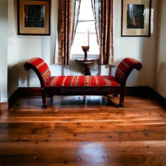Eclectic moroccan kilim carpet upholstered bench