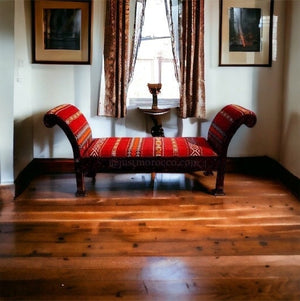Eclectic moroccan kilim carpet upholstered bench