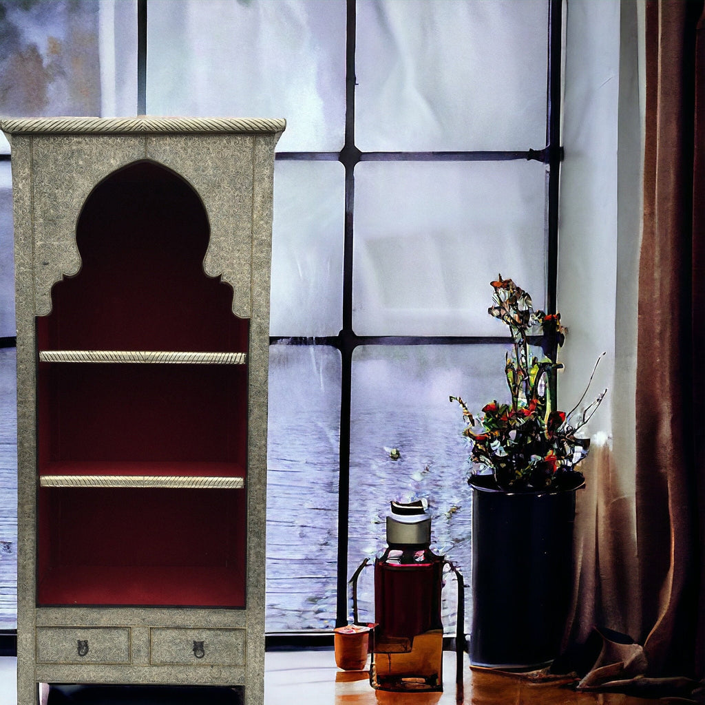 Silver bookshelf - upholstered handmade moroccan  bookshelf - moroccan furniture and home decor moorish arch bookshelf cabinet