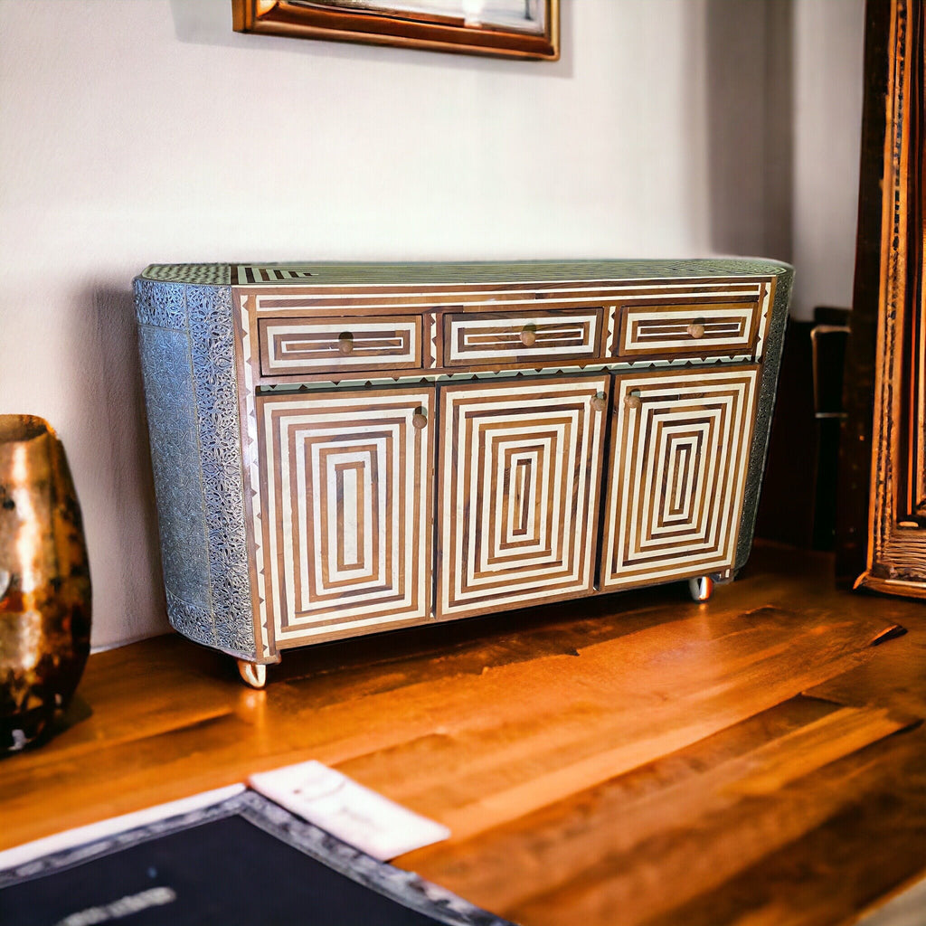 Handmade silver metal moroccan buffet bedroom furniture bone and resin cabinet moorish dresser bedroom living room bed