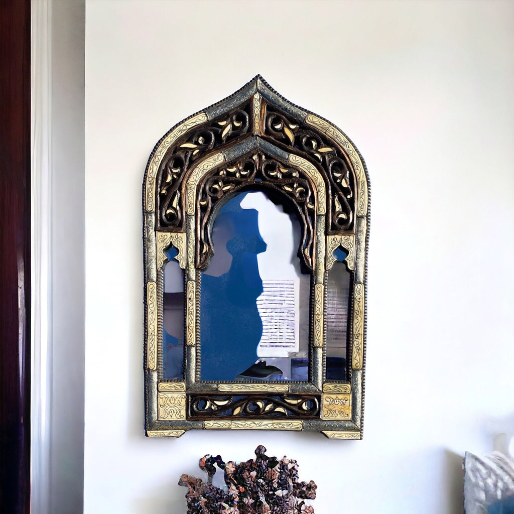 Royal vintage moorish arch mirror handmade silver camel inlay bone mirror living room or bedroom furniture moroccan one of a kind mirror