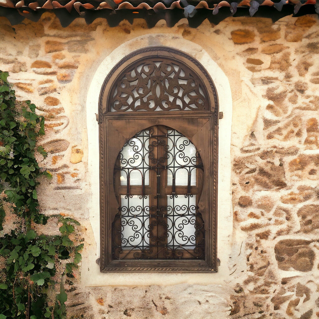 Geometric Arch Vintage moroccan wrought iron filigree window, moorish architecture wall hanging decoration wood work glass window home decor