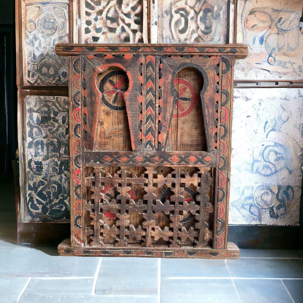 Berber African vintage window artwork metal ethnic Touareg window old world wooden architectural work piece. Hand painted wall decor window