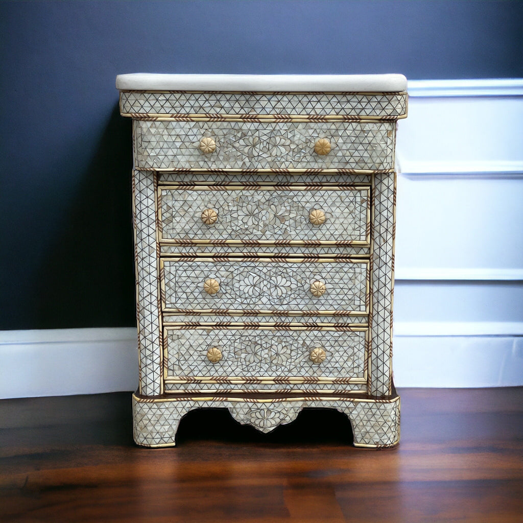 A vintage white mother of pearl inlay nightstand with marble top pearl shell cabinet syrian chest of drawers bedroom furniture