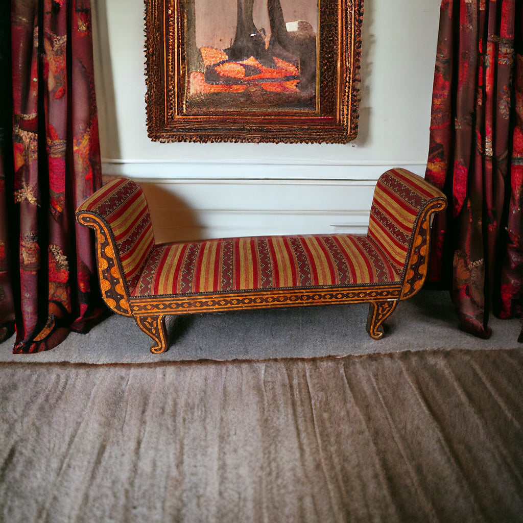 Exquisite Vintage moroccan inlay orange bone and upholstered fabric bench