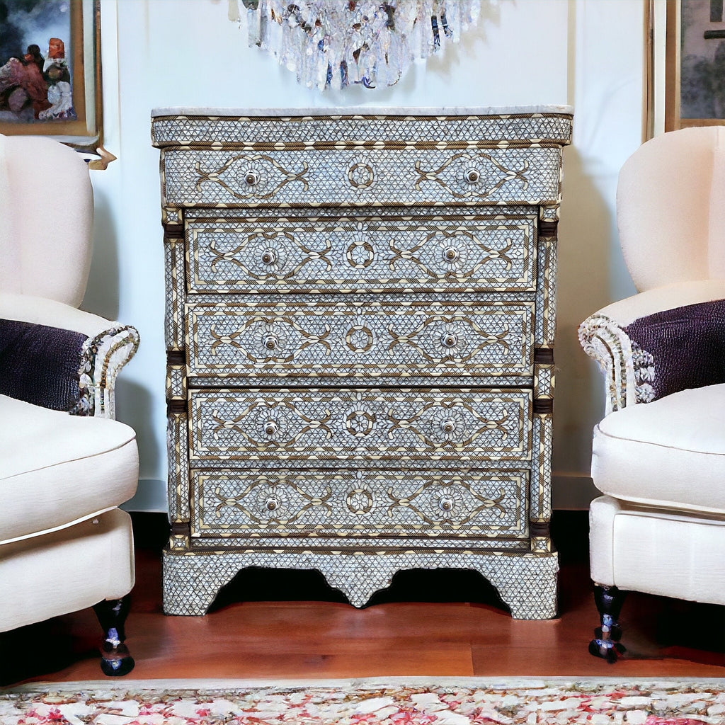 Five drawers Old Unique Vintage White mother of pearl dresser cabinet for bedroom, living room inlaid moroccan shell bone chest of drawers