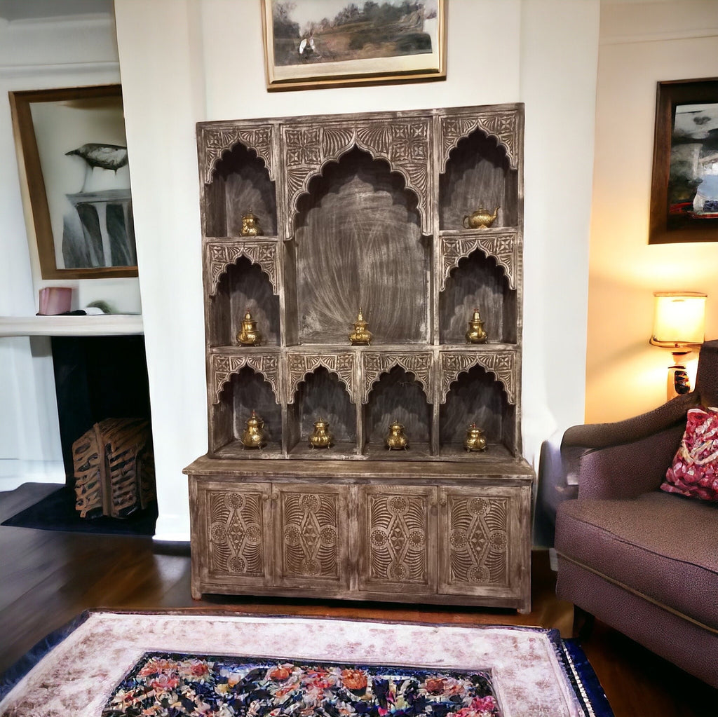 Marrakesh Alhambra moorish wooden cabinet hand carved shelf moorish arches moroccan kitchen furniture middle eastern Arabian bedroom decor