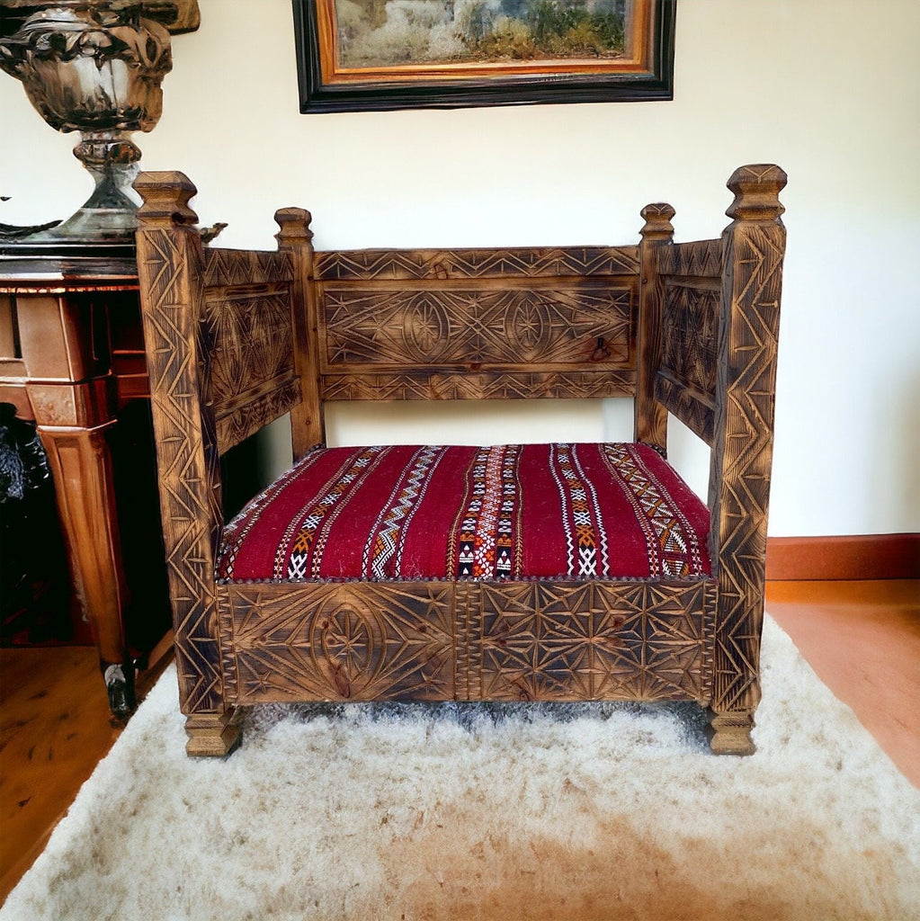African vintage wooden chair kilim