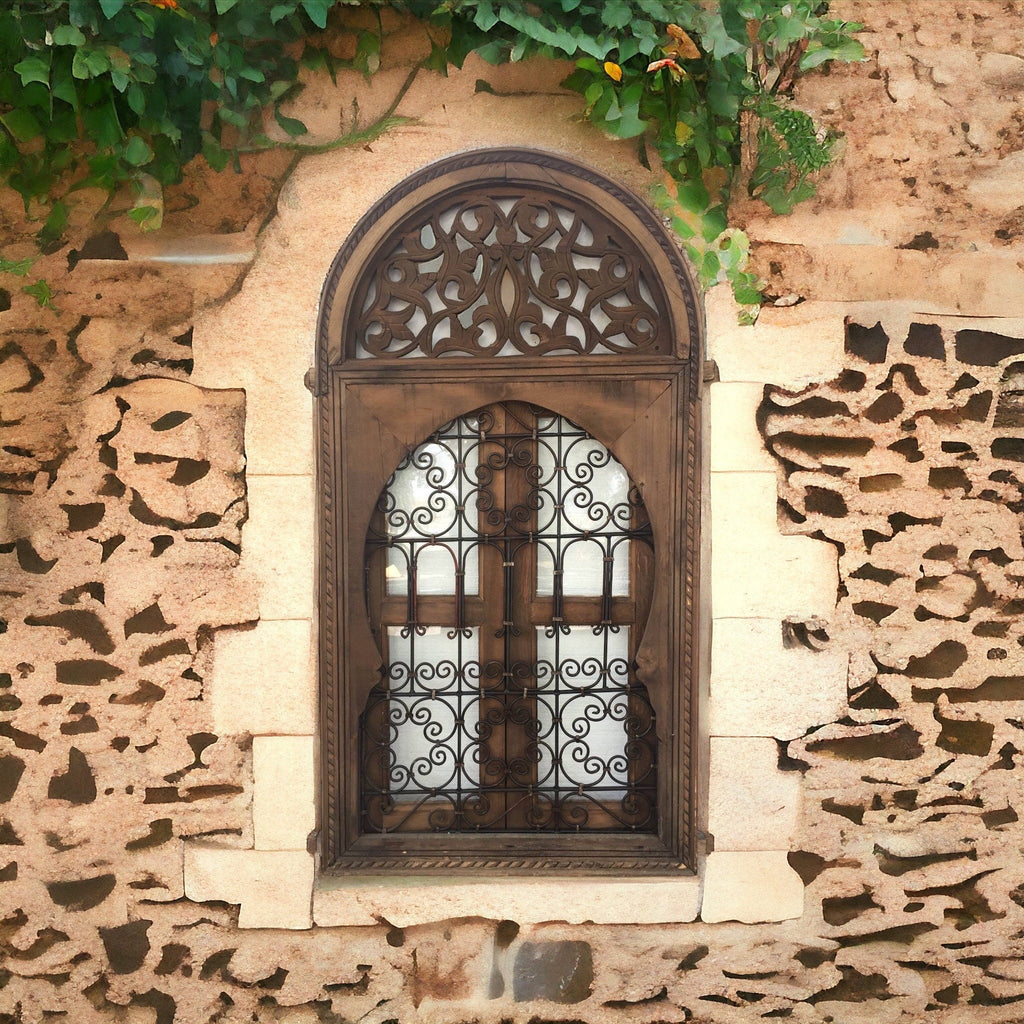 Marrakech Vintage moroccan wrought iron filigree window, moorish architecture wall hanging decoration wood work glass window home decor