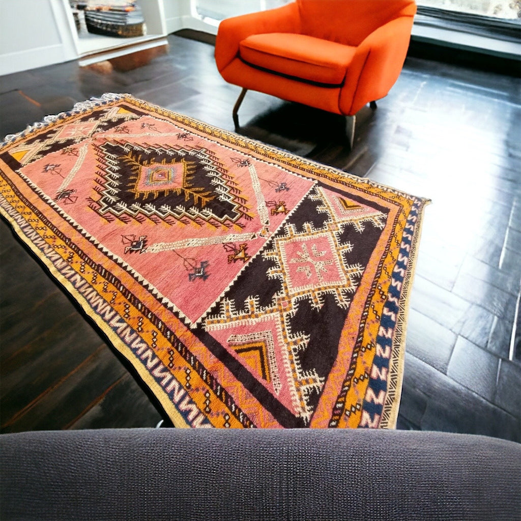 113” x 57” Dark orange and gold/ black Vintage taznakht rug