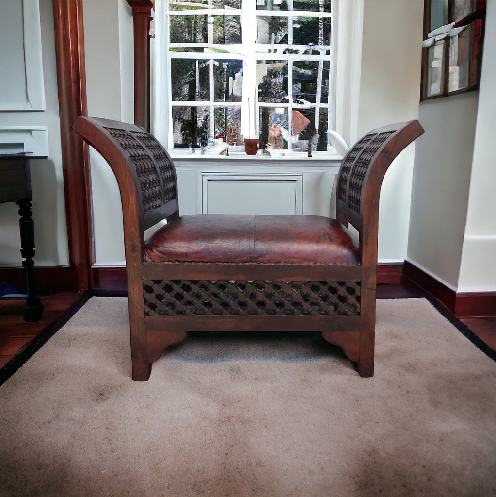 One of a kind vintage Moroccan leather mousharabia wooden chair mousharabia artwork chair for bedroom living room or office