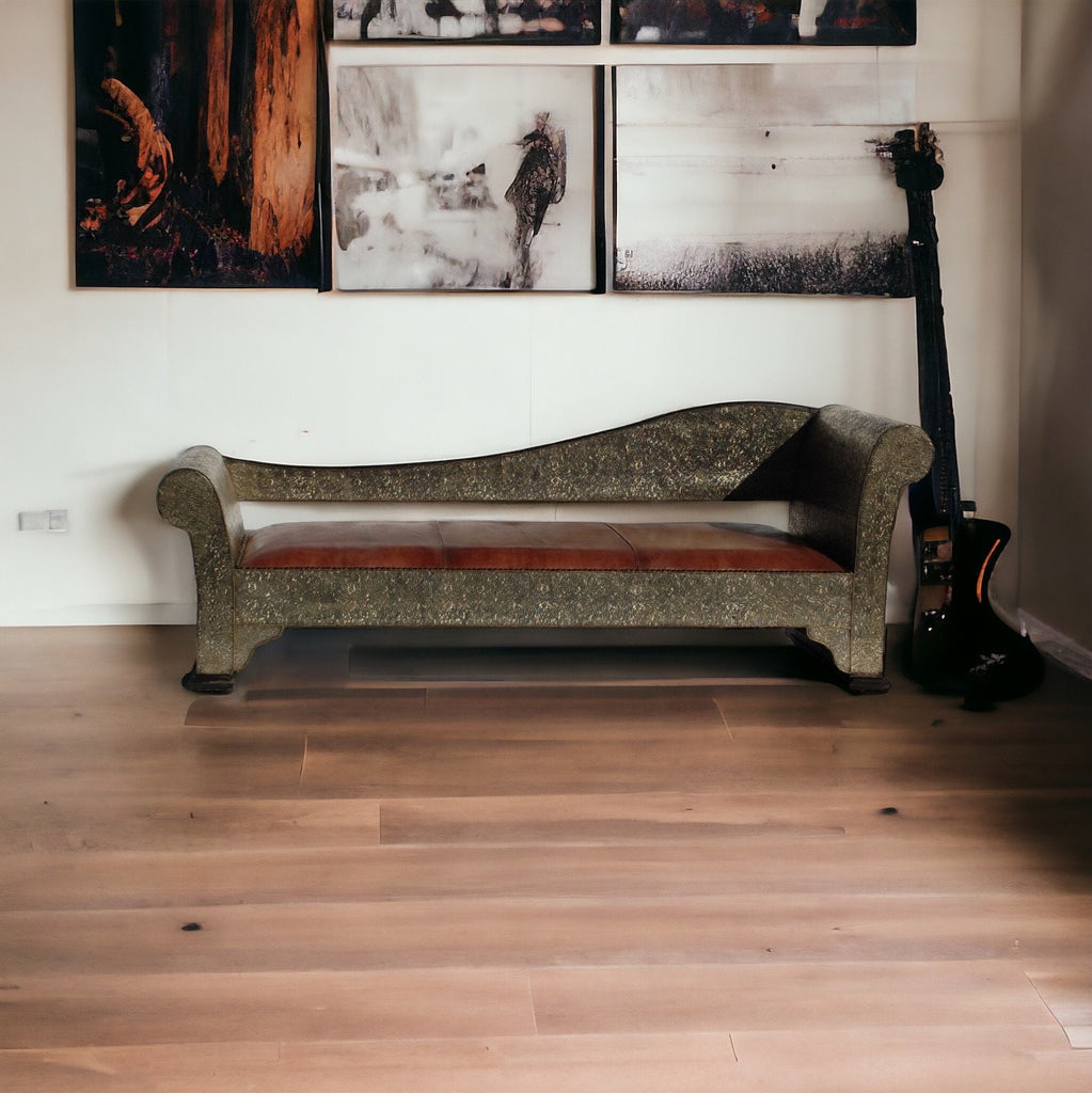 Handmade moroccan silver metal and upholstered leather bench