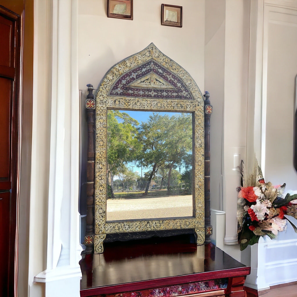 Exquisite antique large handmade camel inlay bone mirror