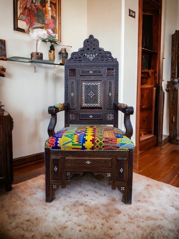 Vintage brown wooden Syrian African fabric white shell mother of pearl chair | middle eastern bedroom furniture chair