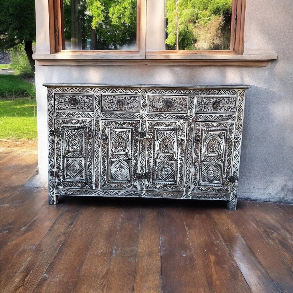 Unique african carved berber wooden drawers chest moroccan buffet or cabinet with drawers and door panels for your bedroom furniture