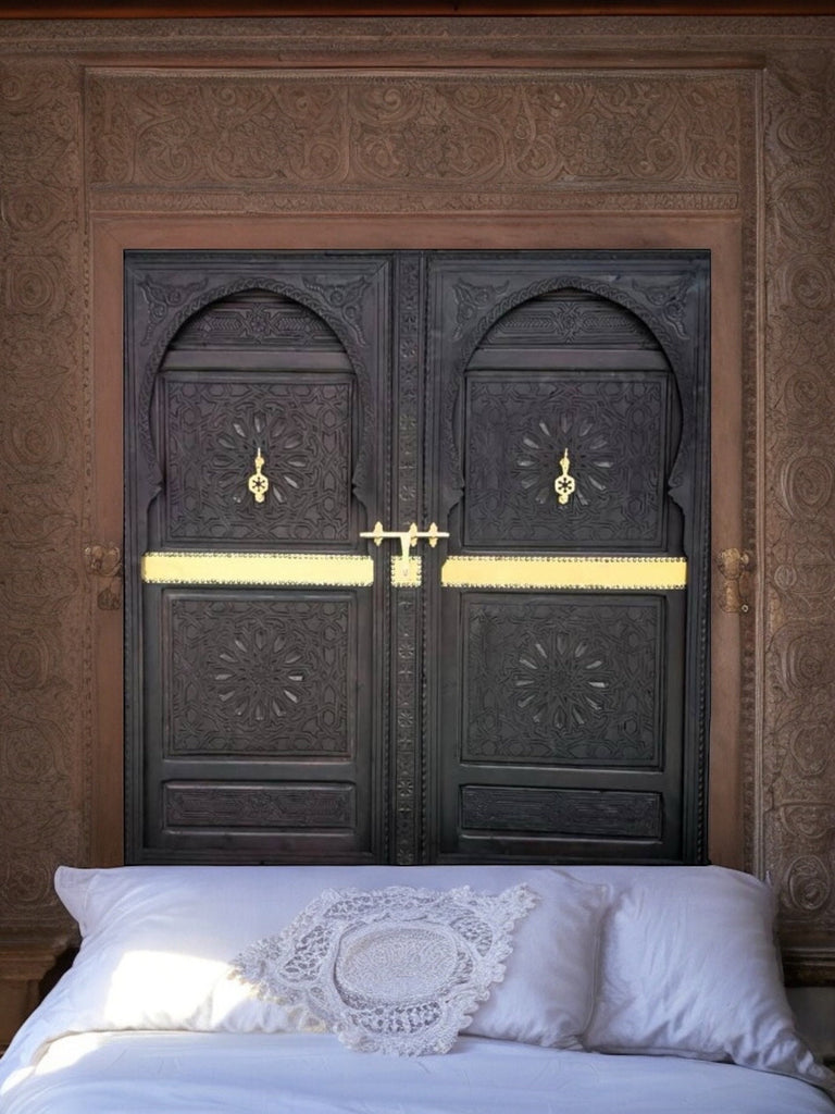 king headboard bed Handmade Moroccan double door panels bed hand carved brass knockers sultan bedroom geometric artwork  bedroom furniture