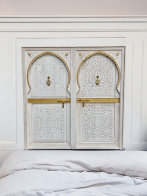 Exquisite headboard bed Handmade Moroccan double door panels bed hand carved brass knockers bedroom geometric artwork  bedroom furniture