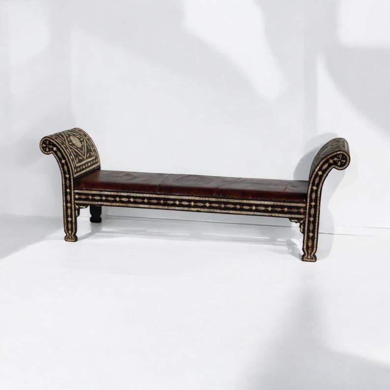 Vintage unique moroccan inlay white bone and upholstered leather bench, furniture sofa for bedroom, living room one of a kind home decor