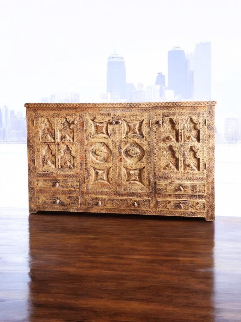 Extra large one of a kind carved wooden Moroccan cabinet
