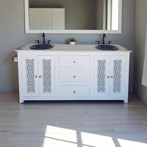 White vanity sink cabinet/two pottery sinks